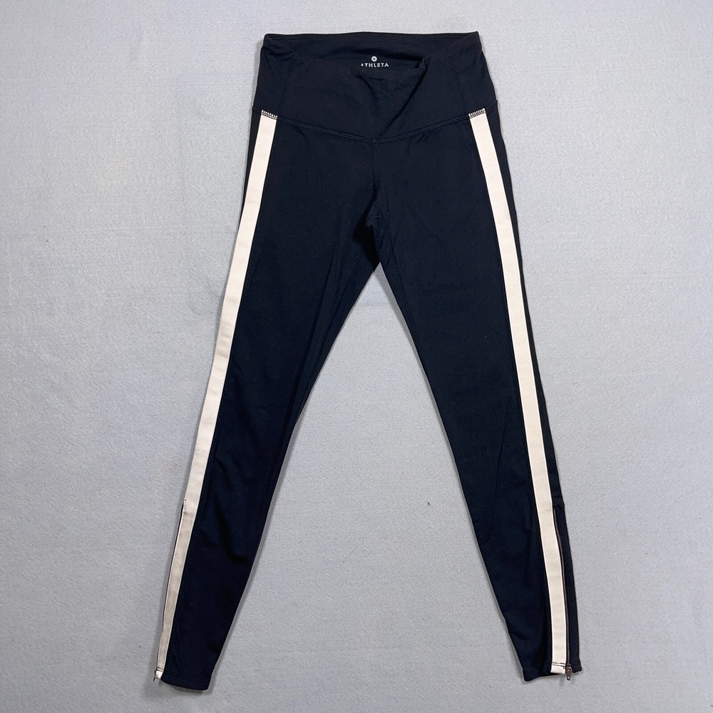 Athleta Leggings Women XXS Slim Fit Black White Stripe Ankle Zip Yoga Athleisure